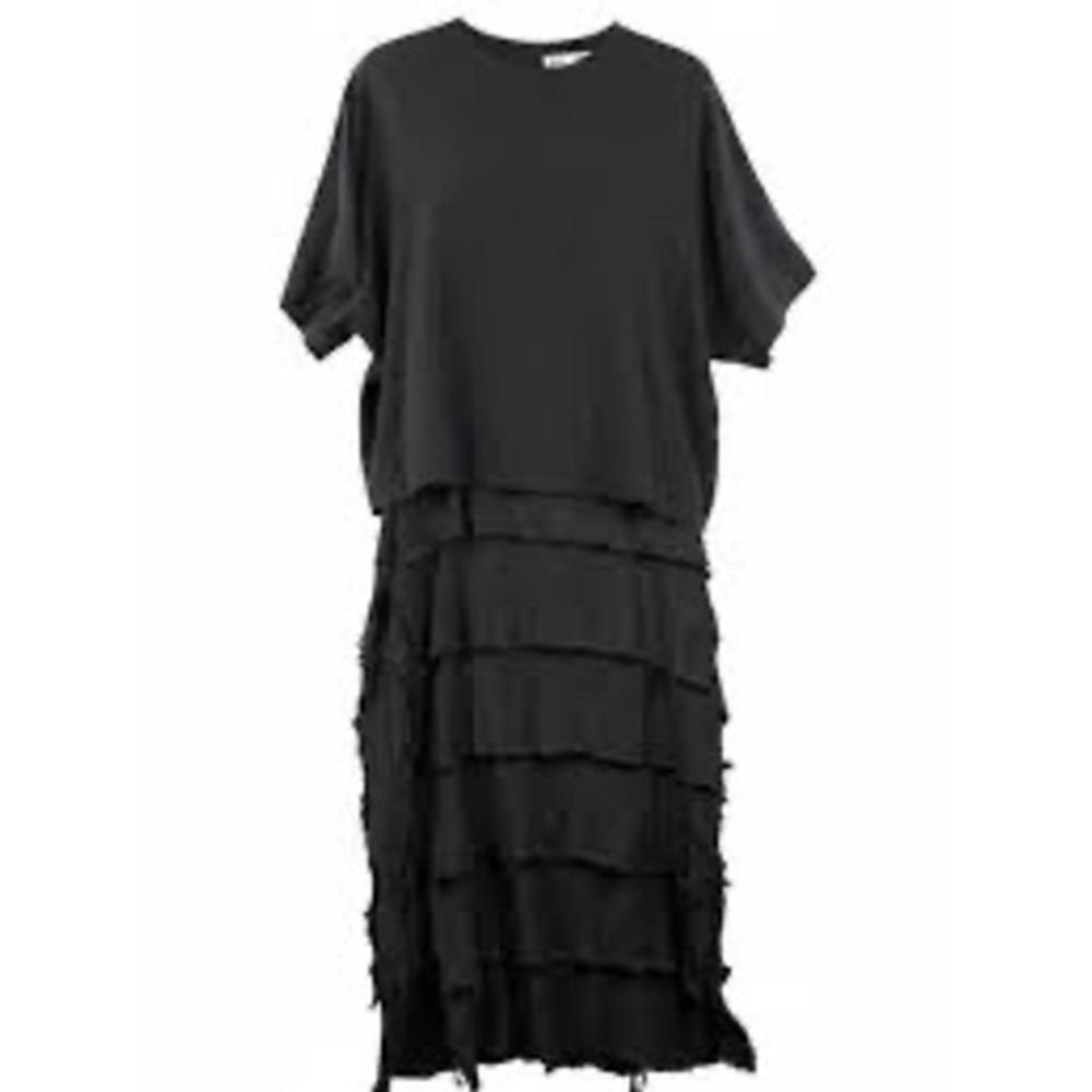 Zara Womens XS Black Midi Dress Ruffle Tiered Frayed Hem ZW Collection Party New